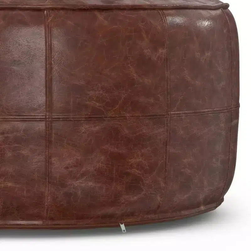 34" Round Leather Ottoman Pouf – Distressed Brown, Genuine Buffalo Leather