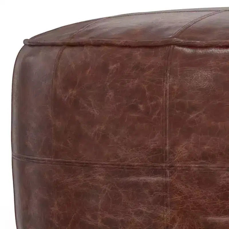 34" Round Leather Ottoman Pouf – Distressed Brown, Genuine Buffalo Leather