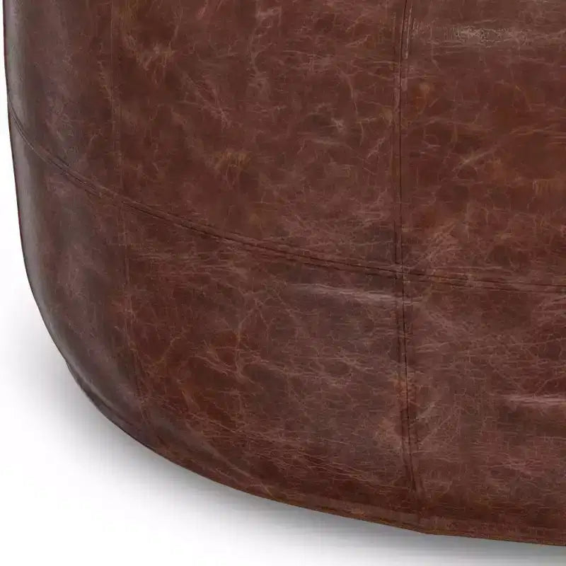 34" Round Leather Ottoman Pouf – Distressed Brown, Genuine Buffalo Leather