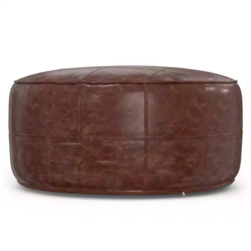 34" Round Leather Ottoman Pouf – Distressed Brown, Genuine Buffalo Leather