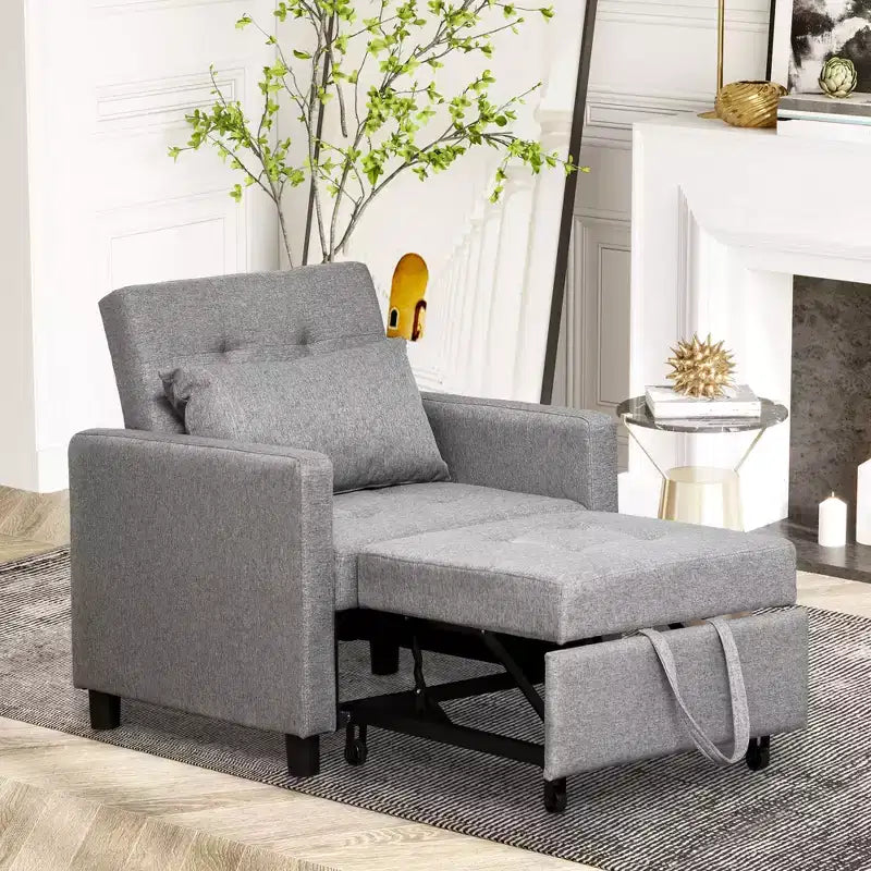 Convertible Sofa Lounger Chair Bed with Adjustable Backrest, Tufted Fabric Upholstery, and Pillow, Gray