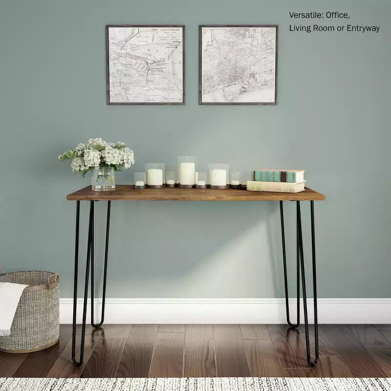 Modern Industrial Desk with Hairpin Legs, Woodgrain-Look Top and Steel Frame