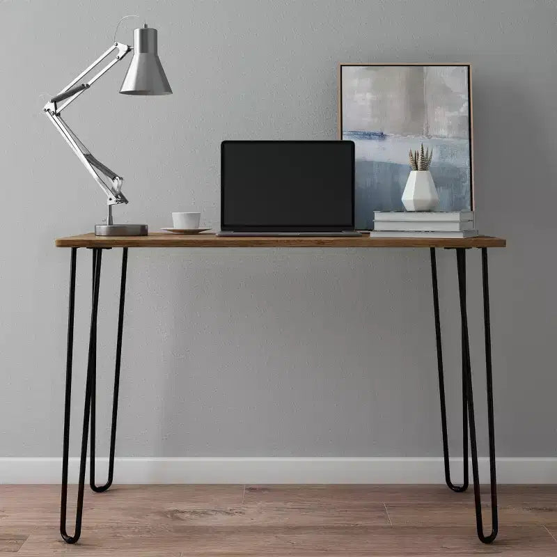 Modern Industrial Desk with Hairpin Legs, Woodgrain-Look Top and Steel Frame