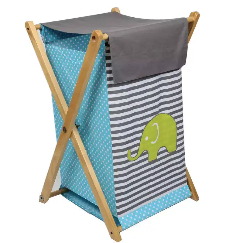 Bacati - Elephants Aqua/Lime/Gray Laundry Hamper with Wooden Frame