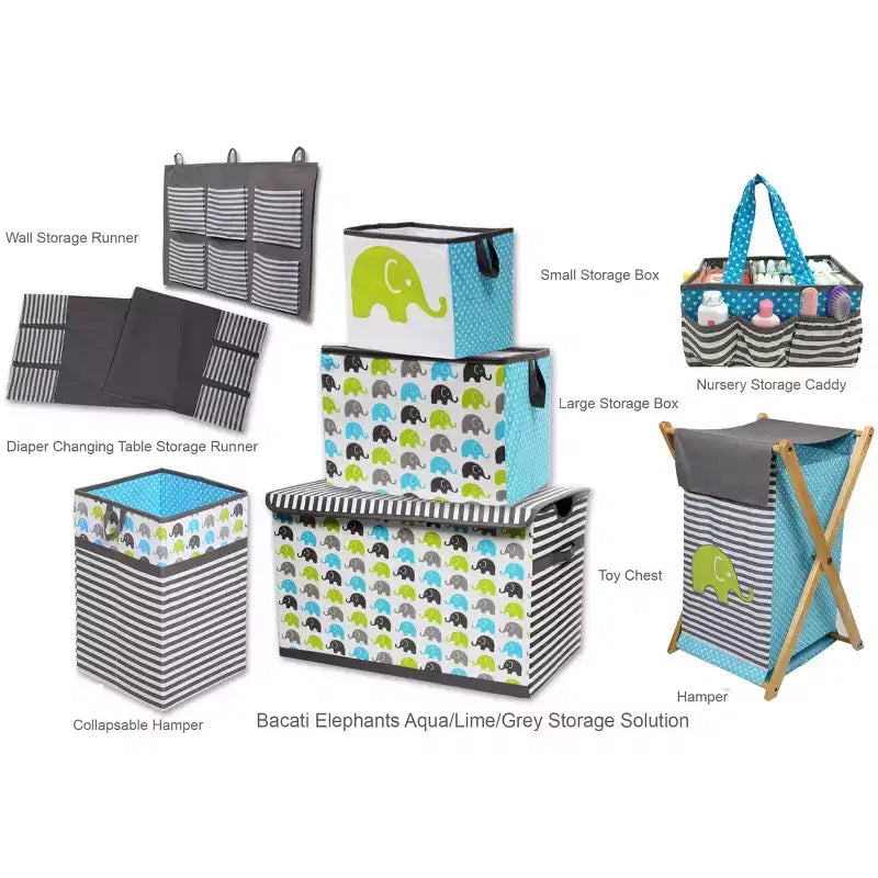 Elephants Aqua/Lime/Gray Laundry Hamper with Wooden Frame