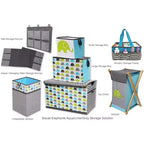 Panier à linge Éléphants Aqua/Lime/Gris avec cadre en bois