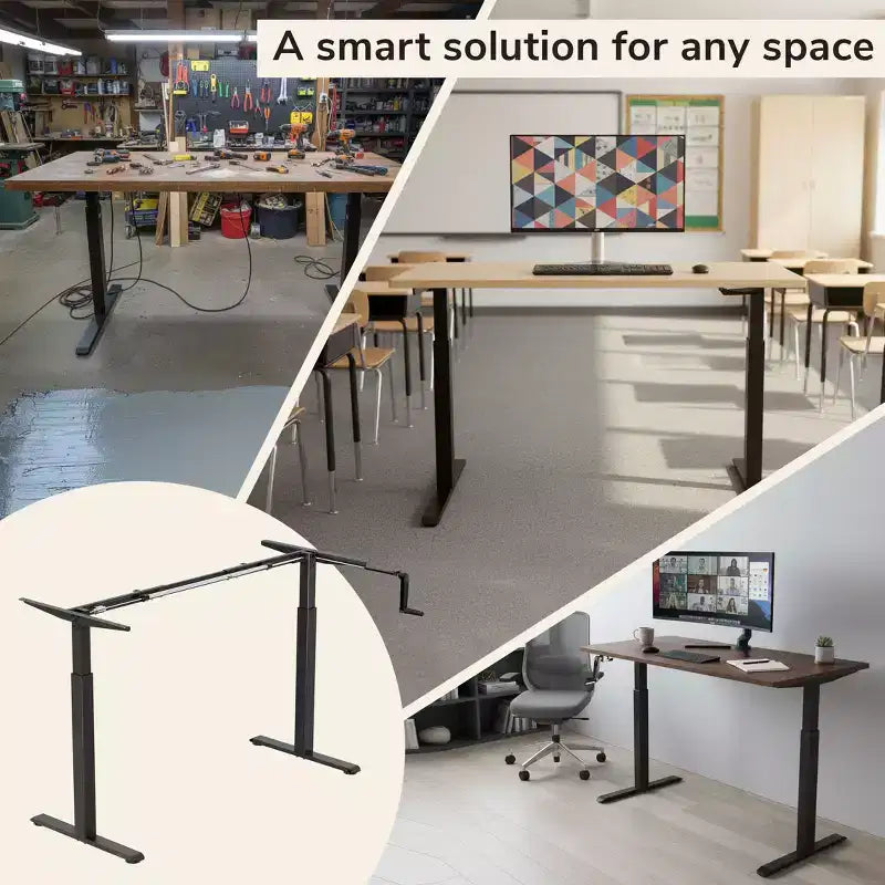 44 to 64 Inch Wide Manual Hand Crank Standing Desk Frame, Height Adjustable, Black
