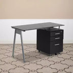 Bureau informatique en verre noir avec caisson à trois tiroirs