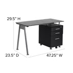 Bureau informatique en verre noir avec caisson à trois tiroirs