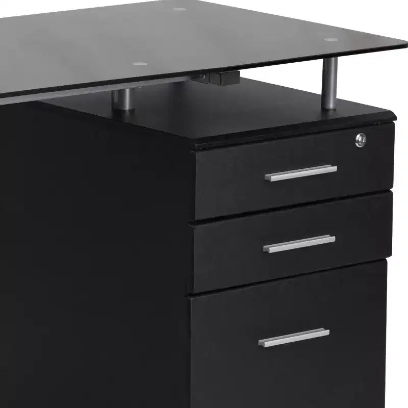 Black Glass Computer Desk with Three Drawer Pedestal