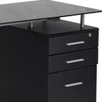 Bureau informatique en verre noir avec caisson à trois tiroirs