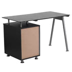 Bureau informatique en verre noir avec caisson à trois tiroirs