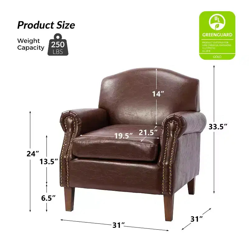 Set of 2 Transitional Vegan Leather Armchairs with Nailhead Trim