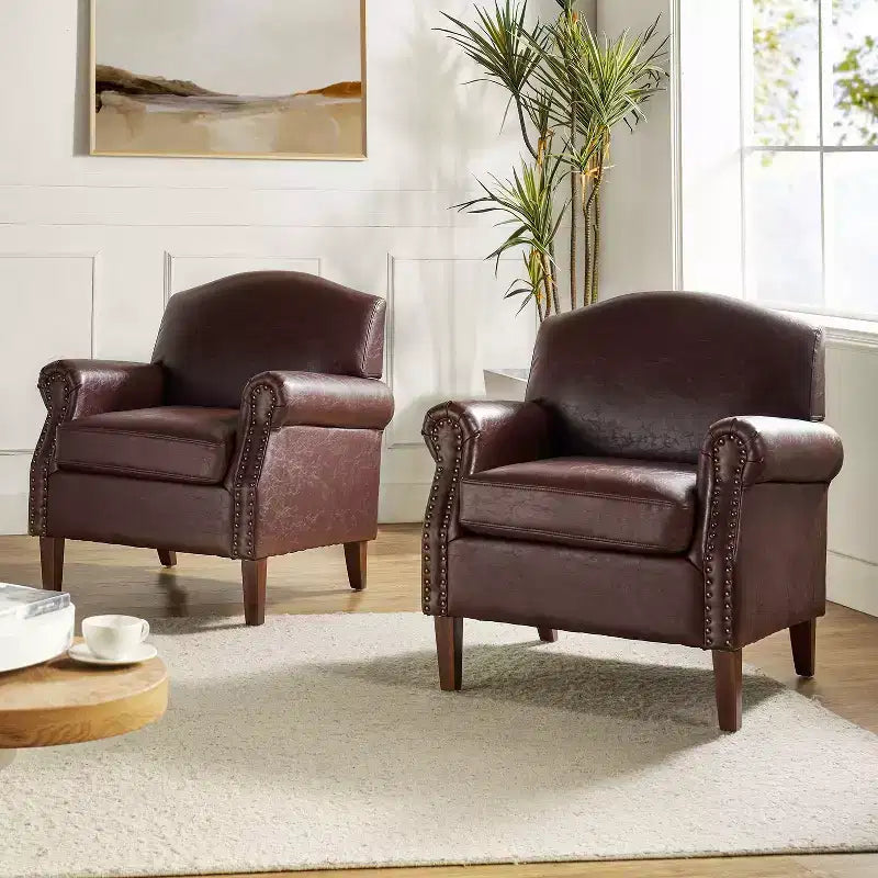 Set of 2 Transitional Vegan Leather Armchairs with Nailhead Trim