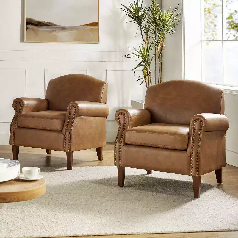 Set of 2 Transitional Vegan Leather Armchairs with Nailhead Trim