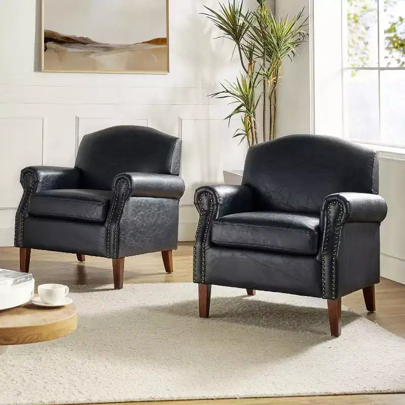 Set of 2 Transitional Vegan Leather Armchairs with Nailhead Trim