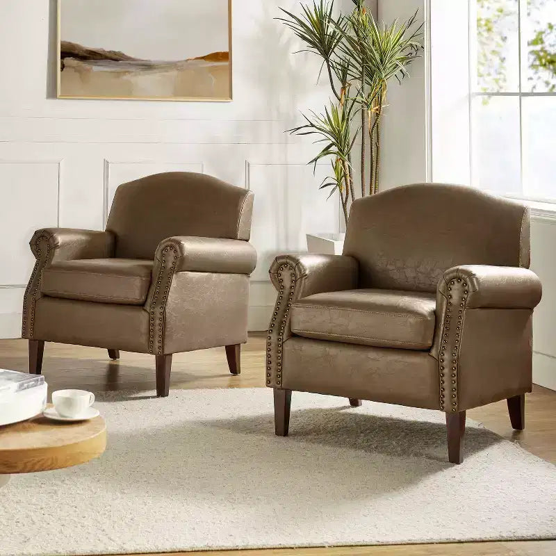 Set of 2 Transitional Vegan Leather Armchairs with Nailhead Trim