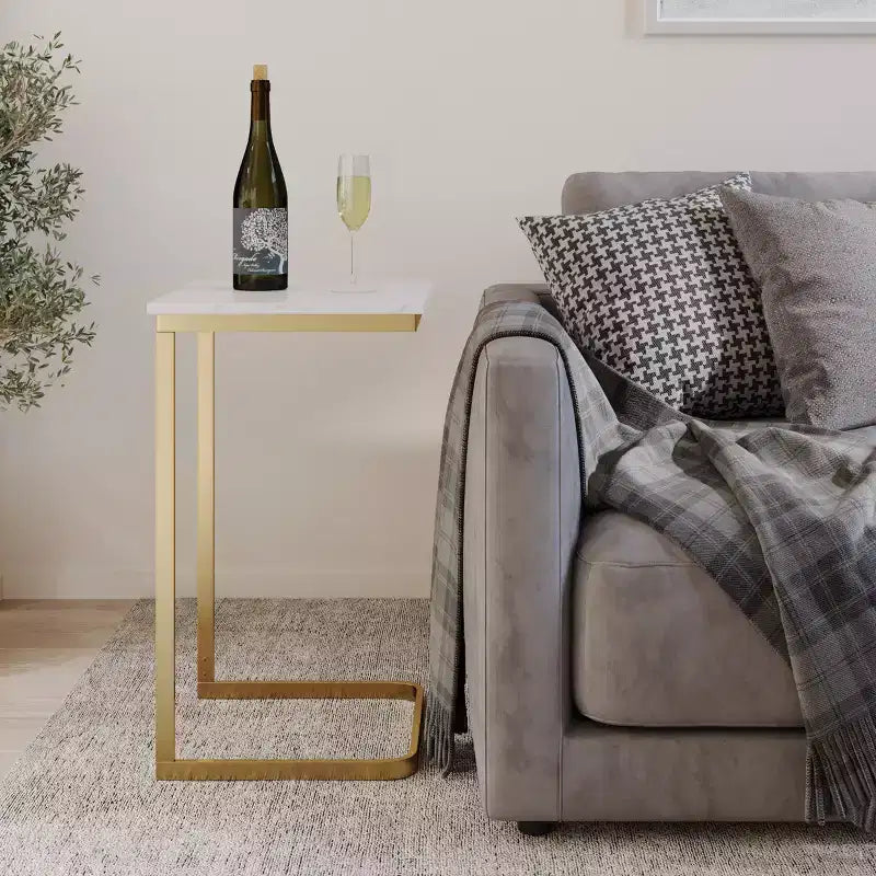 C-Shaped End Table with Marble Top and Gold Iron Frame