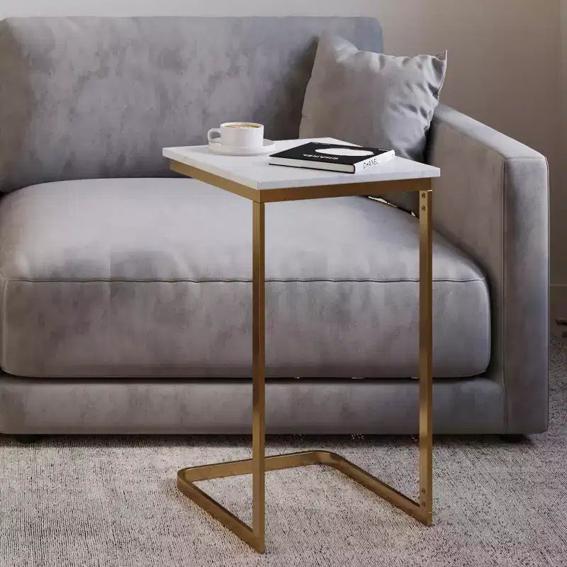 C-Shaped End Table with Marble Top and Gold Iron Frame