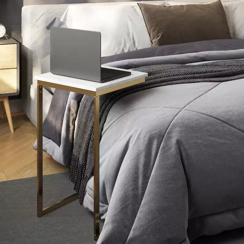 C-Shaped End Table with Marble Top and Gold Iron Frame