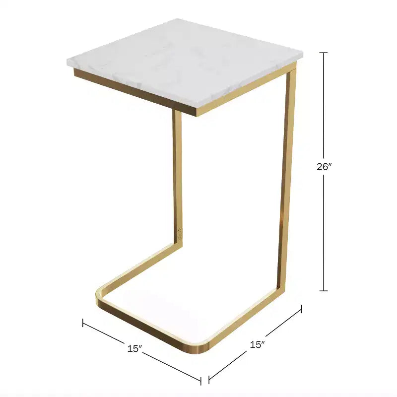 C-Shaped End Table with Marble Top and Gold Iron Frame