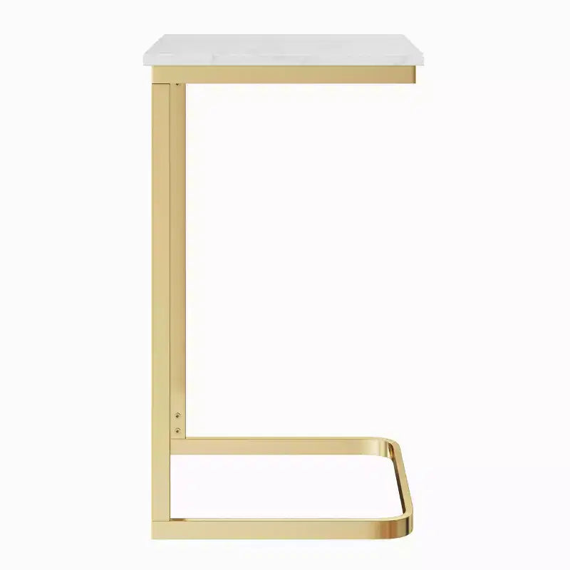 C-Shaped End Table with Marble Top and Gold Iron Frame