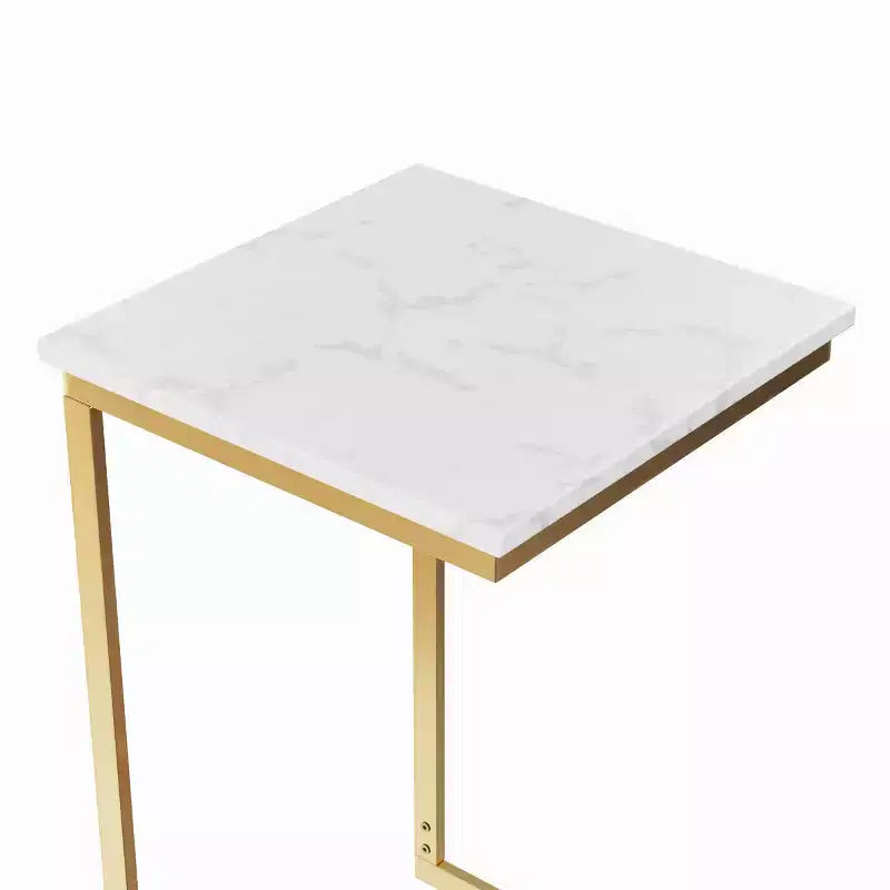 C-Shaped End Table with Marble Top and Gold Iron Frame