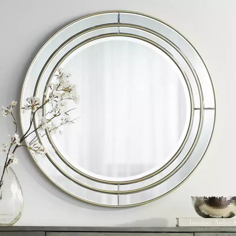 Round Beveled Wall Mirror with Matte Champagne Frame, 31.75 Inch