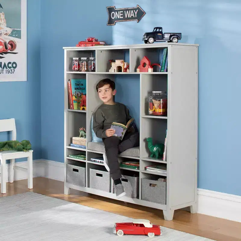 Kids' Storage Shelf with Reading Nook and Fabric Bins