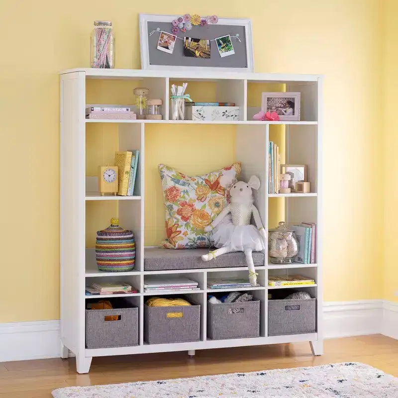 Kids' Storage Shelf with Reading Nook and Fabric Bins