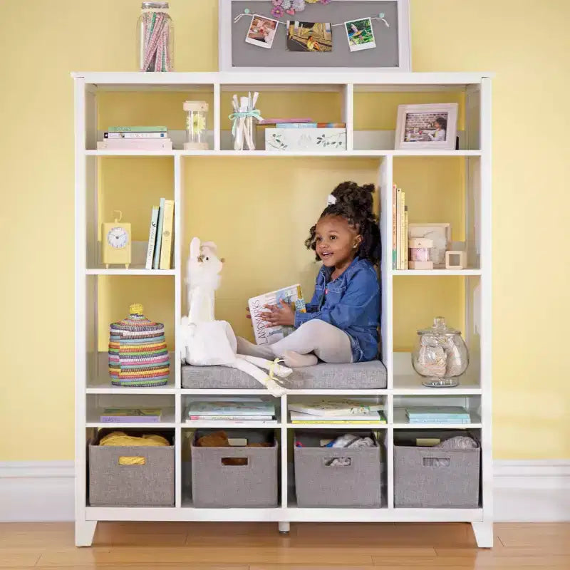 Kids' Storage Shelf with Reading Nook and Fabric Bins