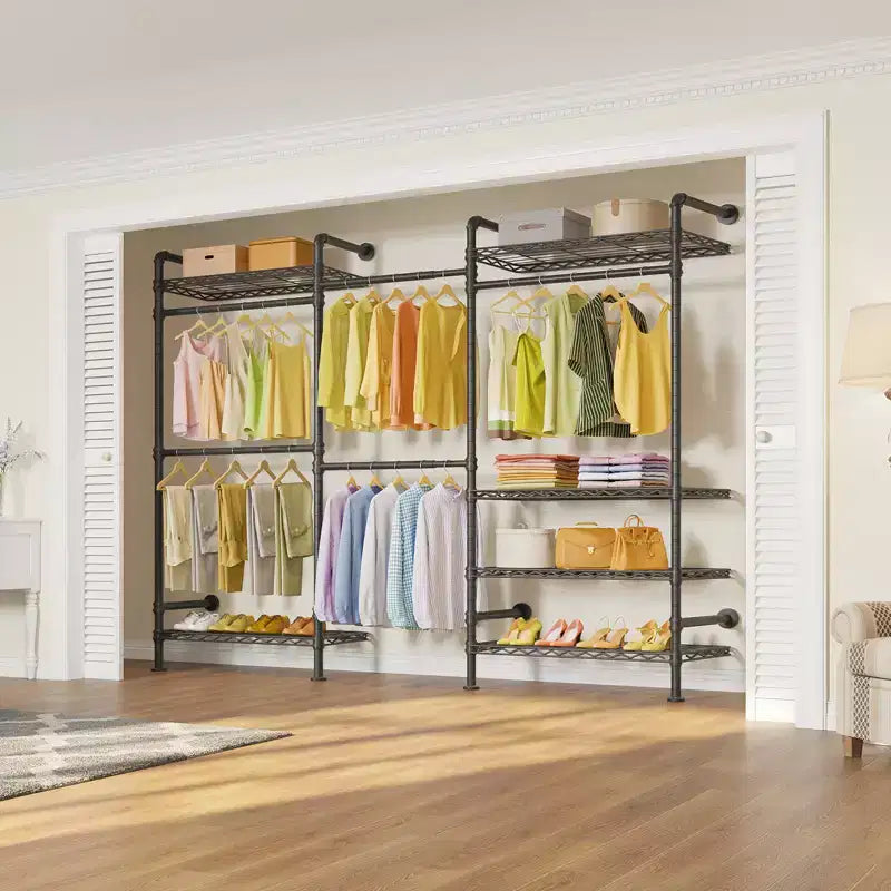 Industrial Pipe Wall-Mounted Clothing Rack with Shelves and Closet Rods