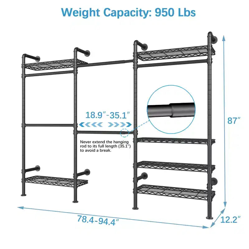 Industrial Pipe Wall-Mounted Clothing Rack with Shelves and Closet Rods