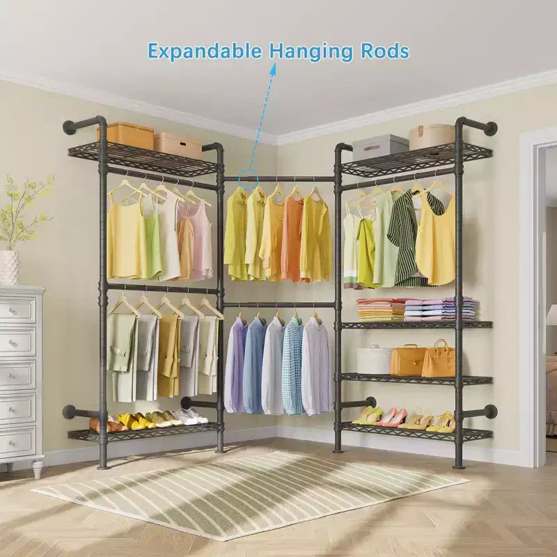 Industrial Pipe Wall-Mounted Clothing Rack with Shelves and Closet Rods