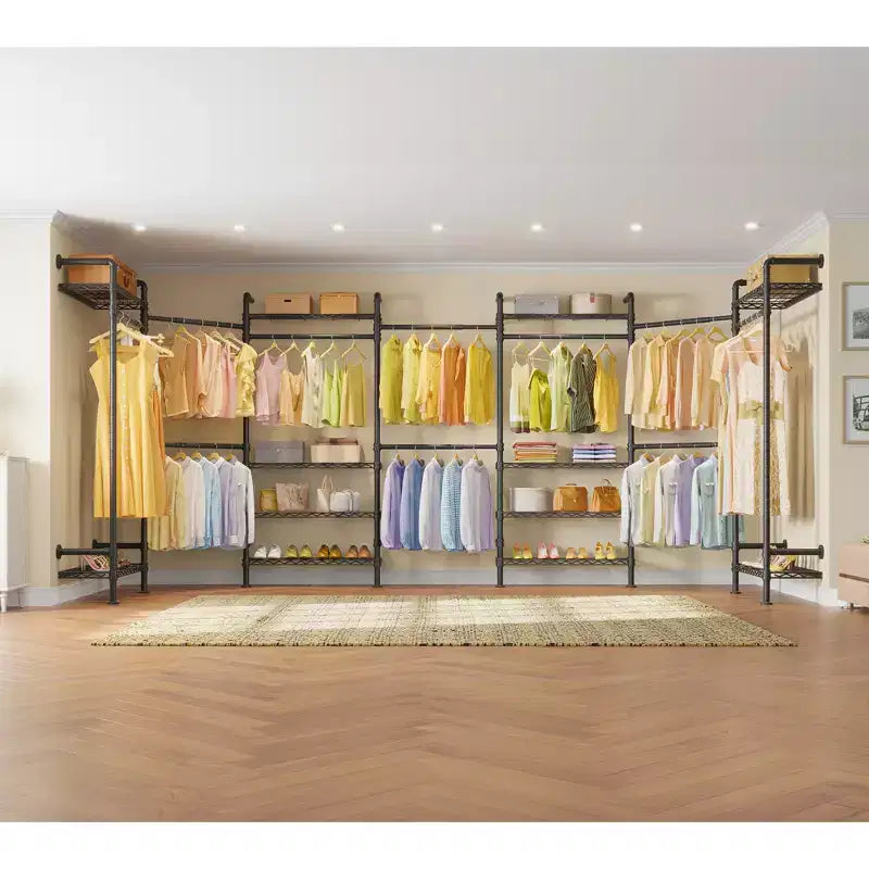 Industrial Pipe Wall-Mounted Clothing Rack with Shelves and Closet Rods