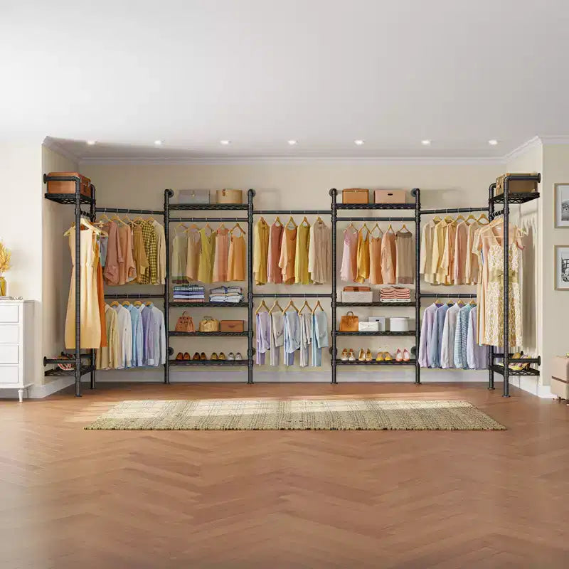 Industrial Pipe Wall-Mounted Clothing Rack with Shelves and Closet Rods