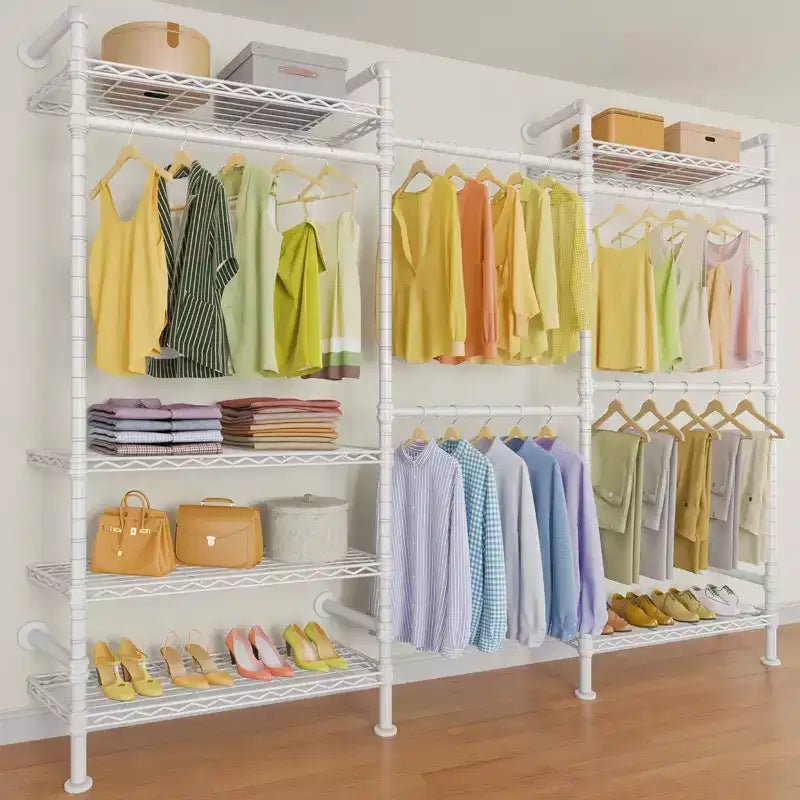 Industrial Pipe Wall-Mounted Clothing Rack with Shelves and Closet Rods