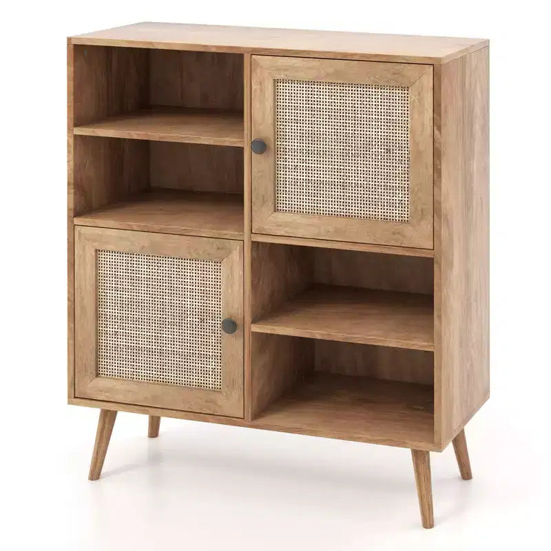 Rattan Door Storage Cabinet with Open Cubbies