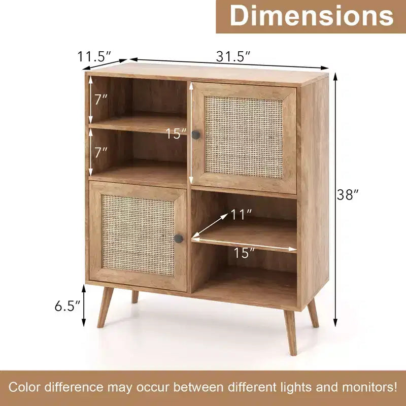 Rattan Door Storage Cabinet with Open Cubbies
