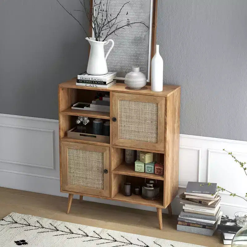 Rattan Door Storage Cabinet with Open Cubbies