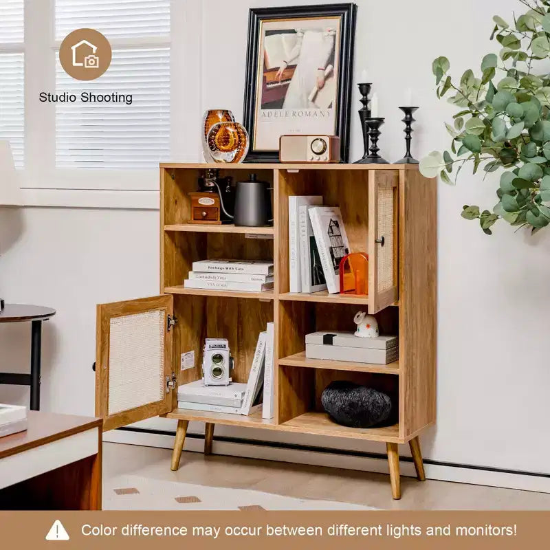 Rattan Door Storage Cabinet with Open Cubbies