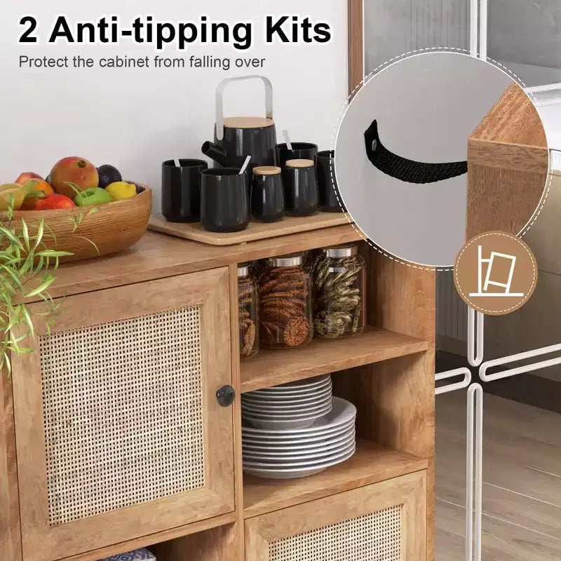 Rattan Door Storage Cabinet with Open Cubbies