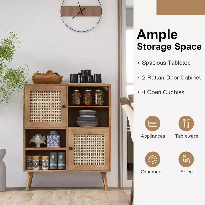 Rattan Door Storage Cabinet with Open Cubbies