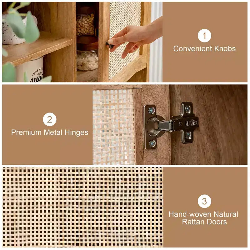 Rattan Door Storage Cabinet with Open Cubbies