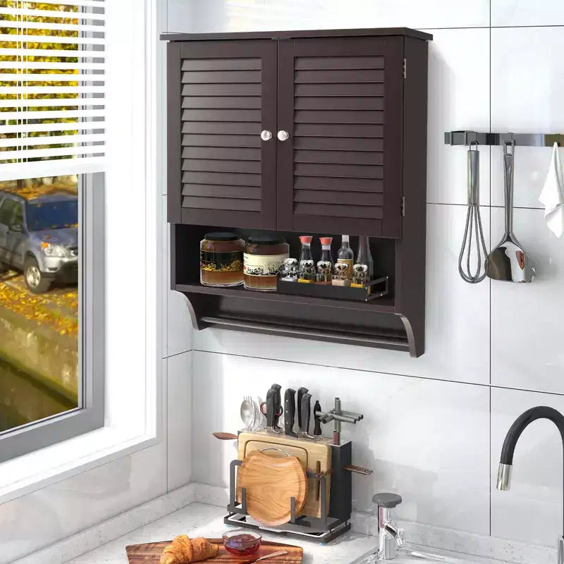 Bathroom Wall Mounted Medicine Cabinet with Louvered Doors & Towel Bar