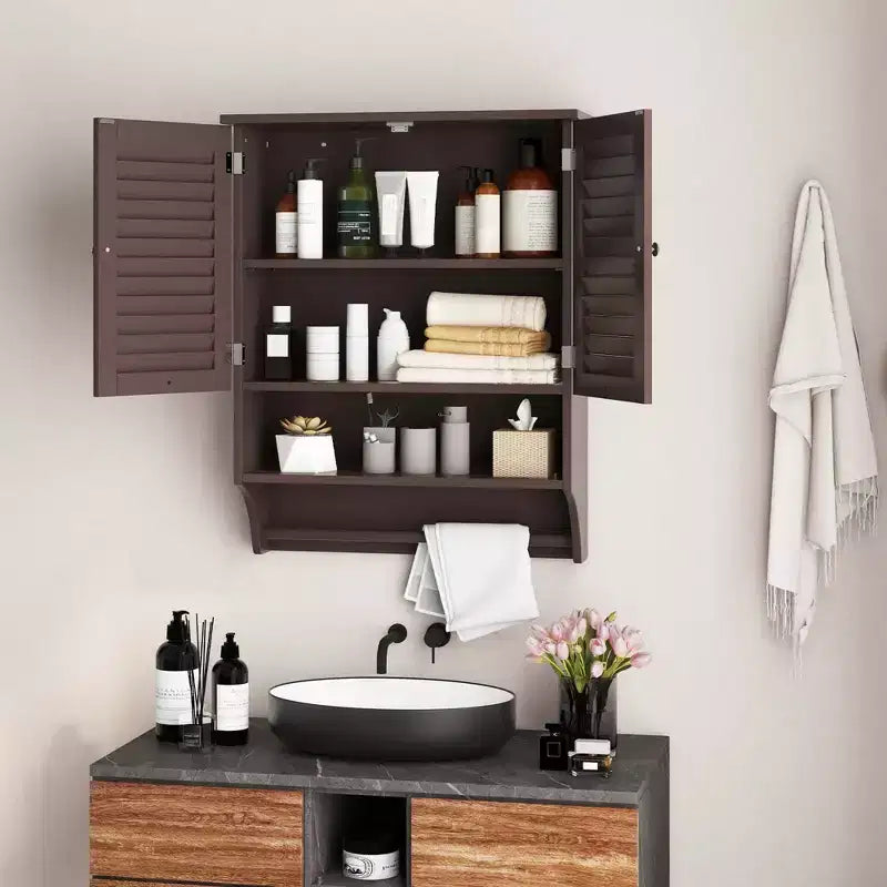 Bathroom Wall Mounted Medicine Cabinet with Louvered Doors & Towel Bar