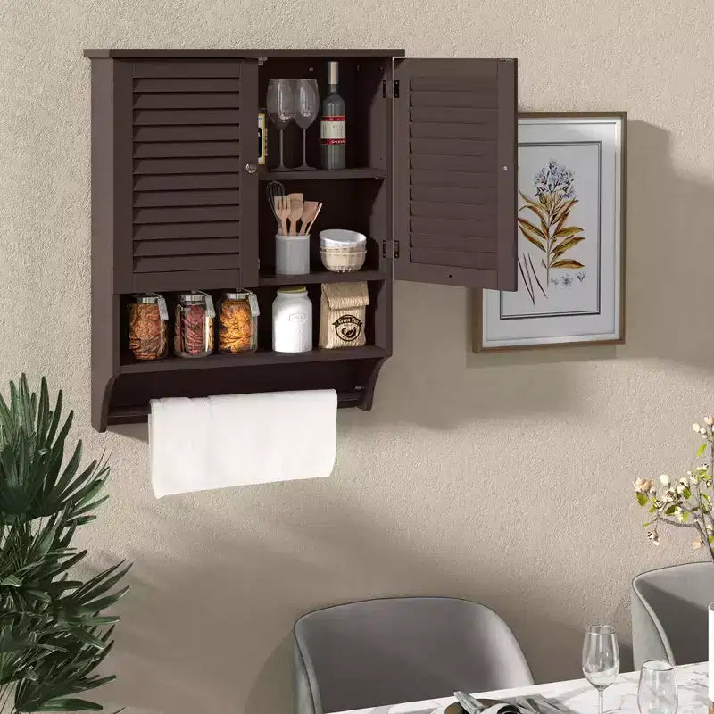 Bathroom Wall Mounted Medicine Cabinet with Louvered Doors & Towel Bar