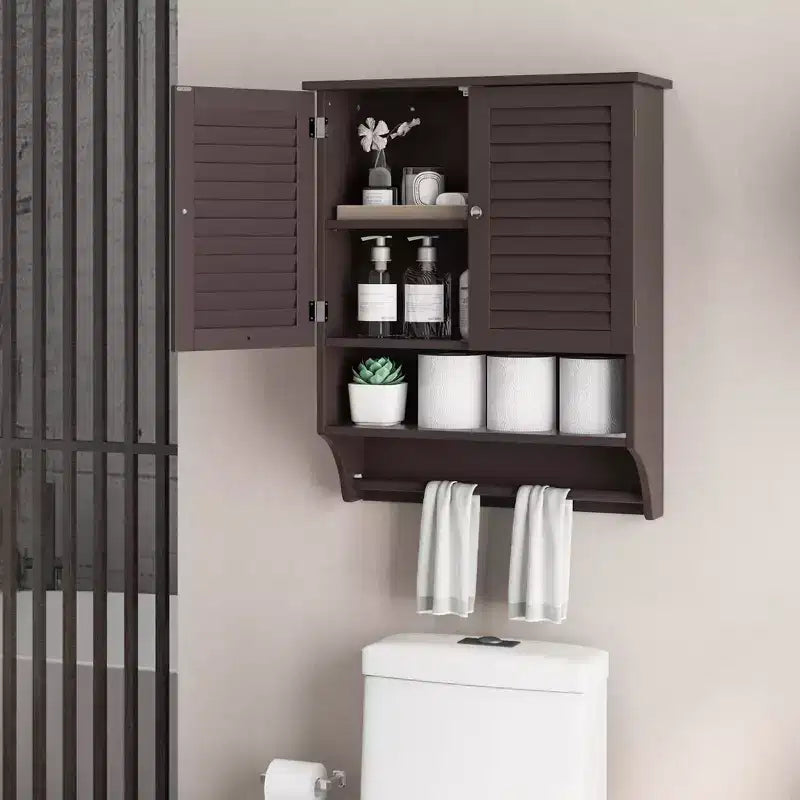 Bathroom Wall Mounted Medicine Cabinet with Louvered Doors & Towel Bar