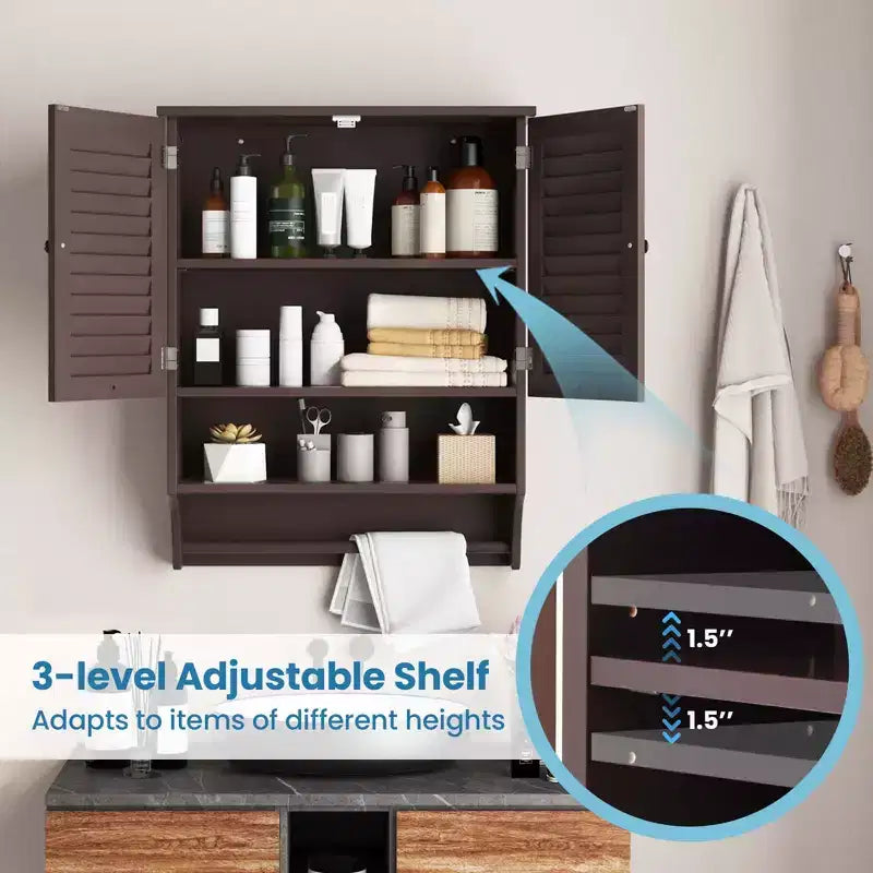 Bathroom Wall Mounted Medicine Cabinet with Louvered Doors & Towel Bar
