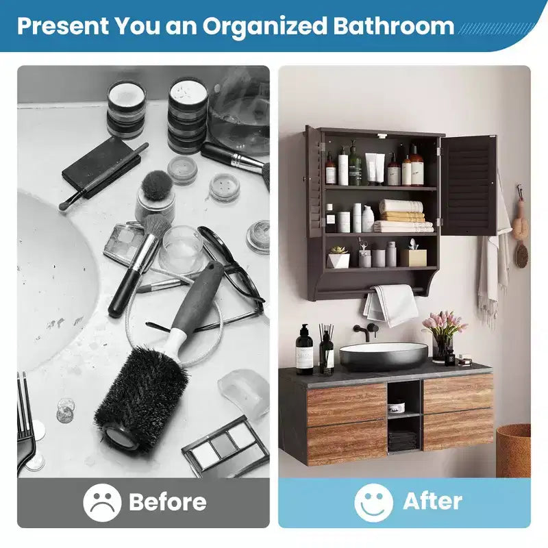 Bathroom Wall Mounted Medicine Cabinet with Louvered Doors & Towel Bar